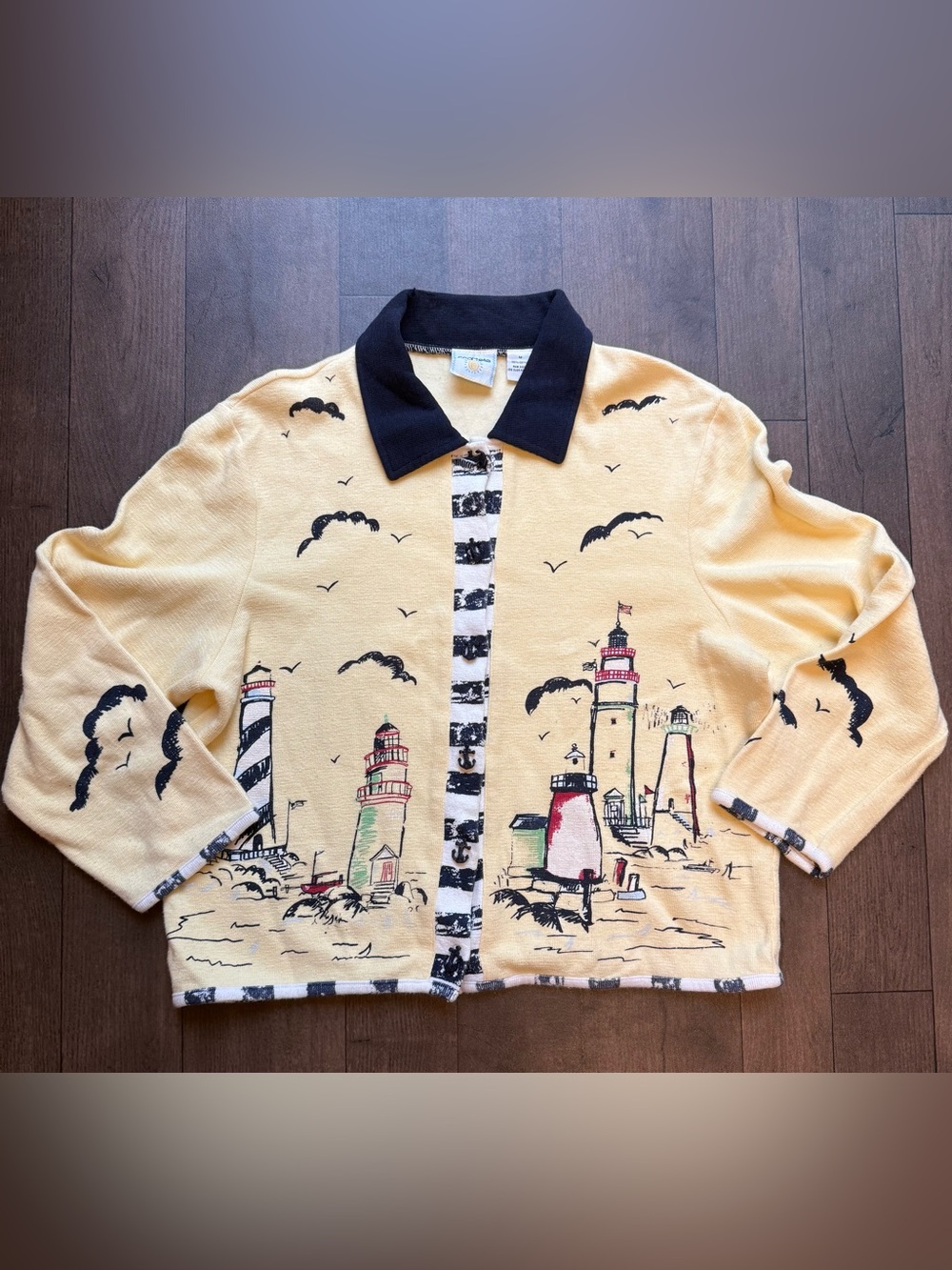 Vintage Sportelle Women’s M Yellow Nautical Lighthouse Collared Button cardigan